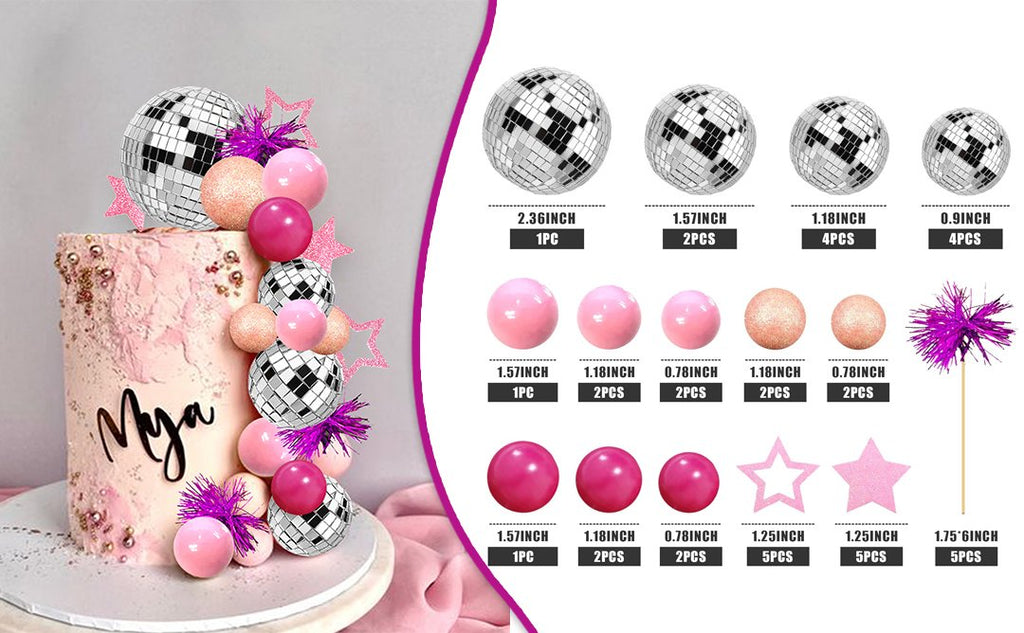 Pink cake decorated with disco ball and sphere cake toppers, with a separate display of all topper components and their sizes.