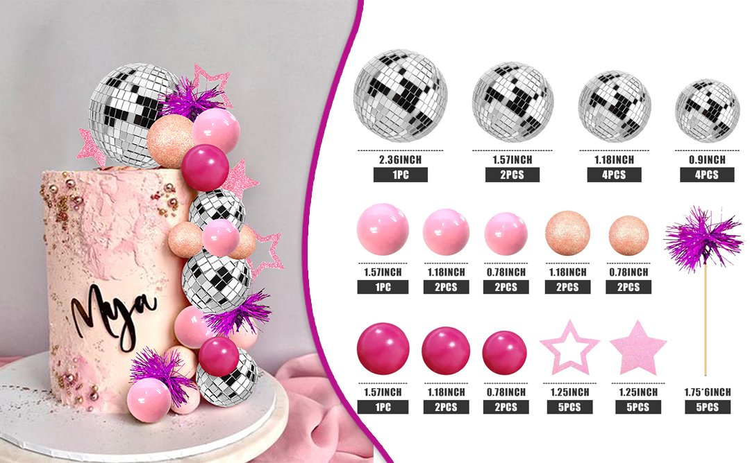 Pink cake decorated with disco ball and sphere cake toppers, with a separate display of all topper components and their sizes.