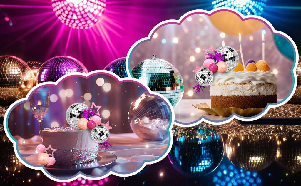 Disco ball cake toppers and decorations on cakes, with disco balls and bokeh lights in background.