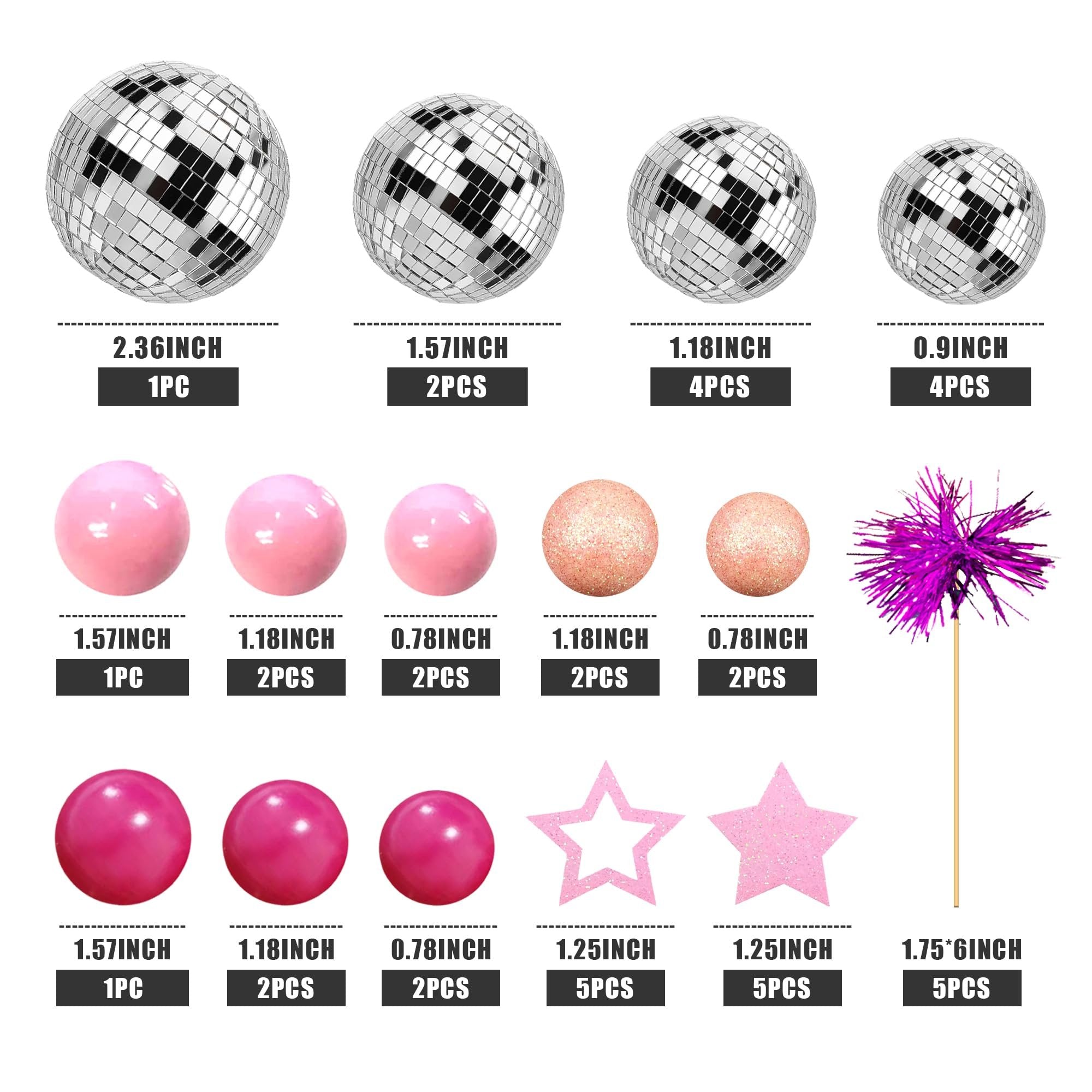 Set of disco ball cake toppers including mirror balls, pink foam spheres, glitter stars, and a purple firework pick with size and quantity labels.