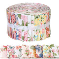 Rolled jelly roll of pink retro floral cotton fabric strips with a white band, shown with individual strips fanned out below.
