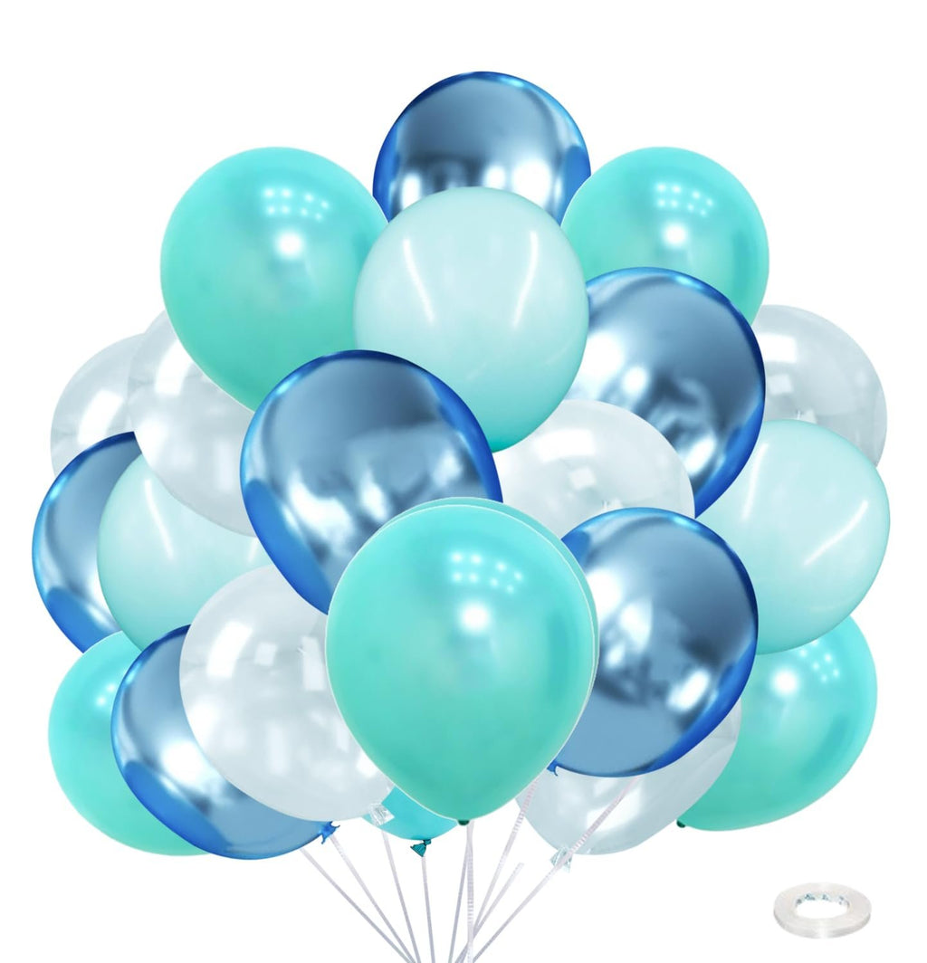 Assorted teal, turquoise, blue, and clear pearl metallic balloons arranged in a cluster, with a roll of ribbon in the lower right corner.