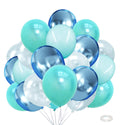 Assorted teal, turquoise, blue, and clear pearl metallic balloons arranged in a cluster, with a roll of ribbon in the lower right corner.