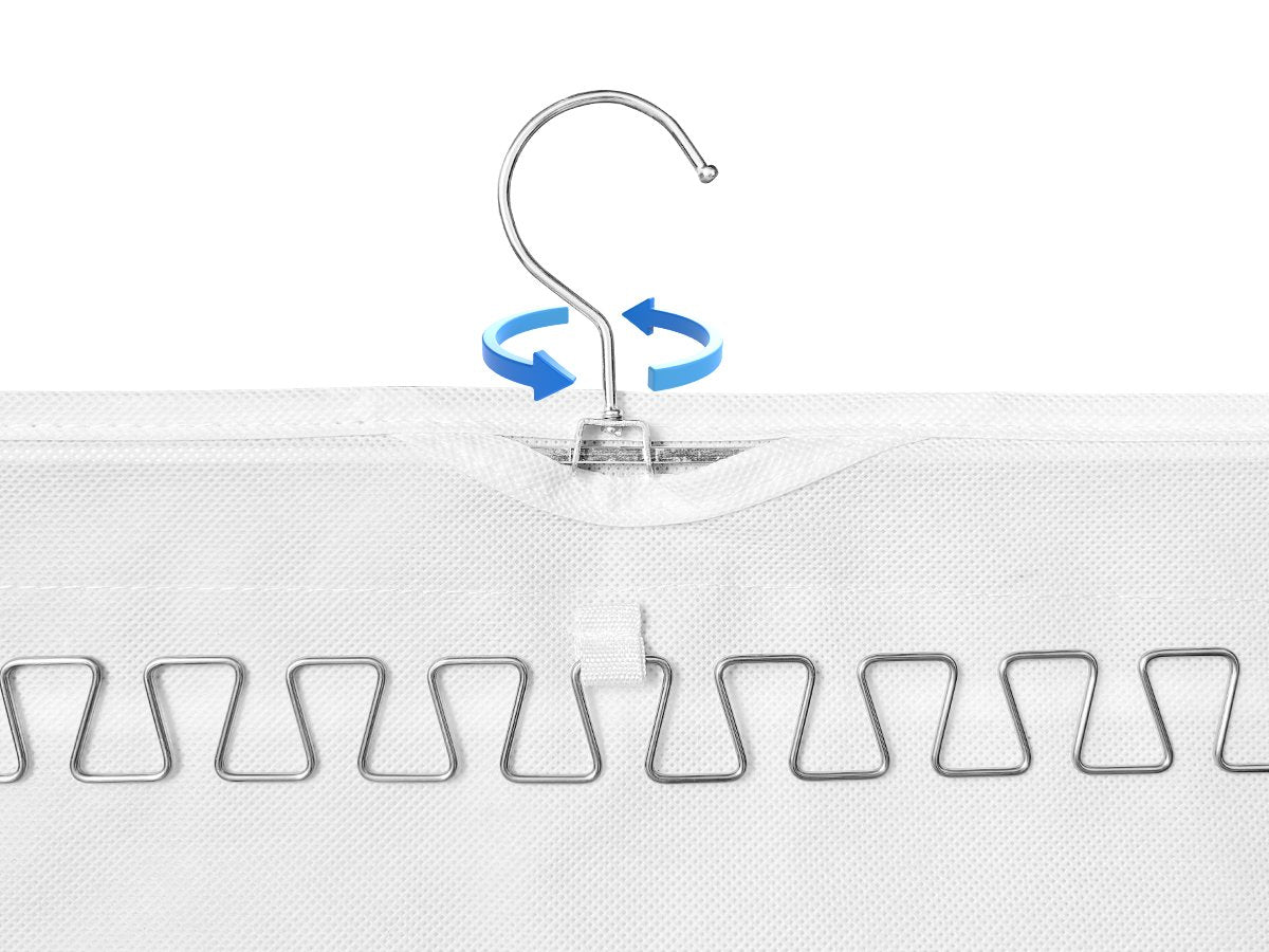White hanging jewelry organizer with rotating hanger and blue arrows indicating rotation