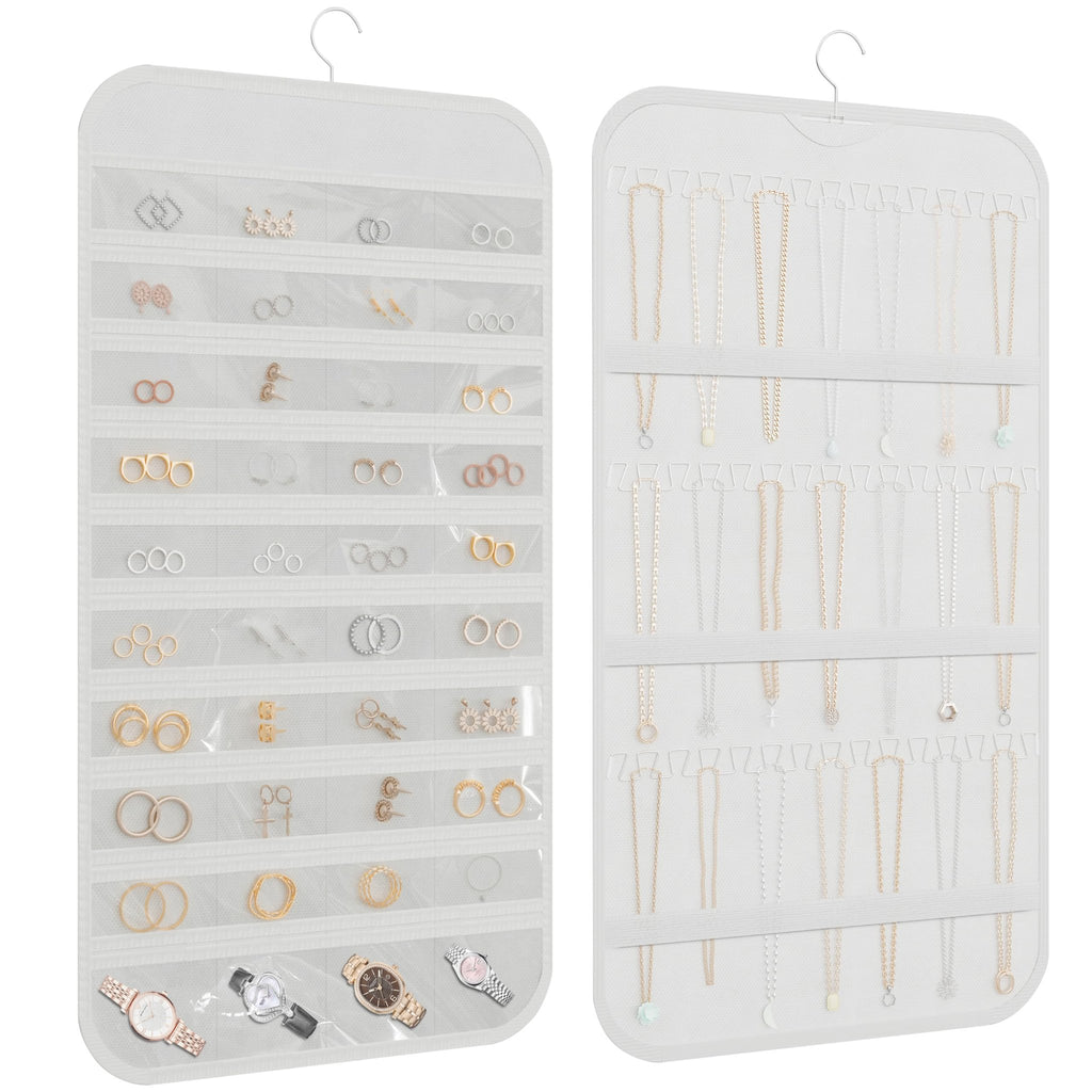 Double-sided white hanging jewelry organizer with 40 pockets and 36 hooks, displaying various earrings, rings, necklaces, and watches.