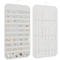 Double-sided white hanging jewelry organizer with 40 pockets and 36 hooks, displaying various earrings, rings, necklaces, and watches.