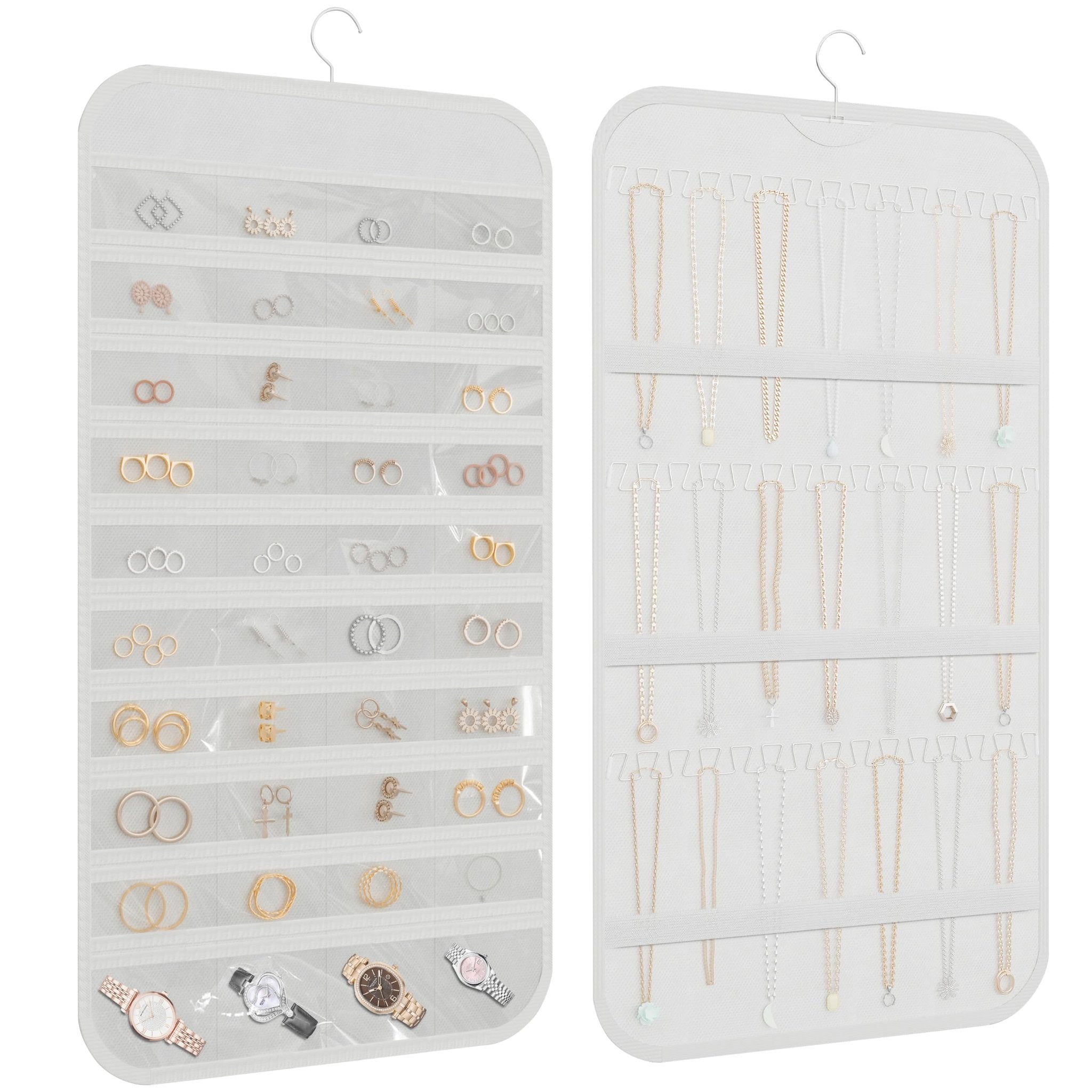 Double-sided white hanging jewelry organizer with 40 pockets and 36 hooks, displaying various earrings, rings, necklaces, and watches.