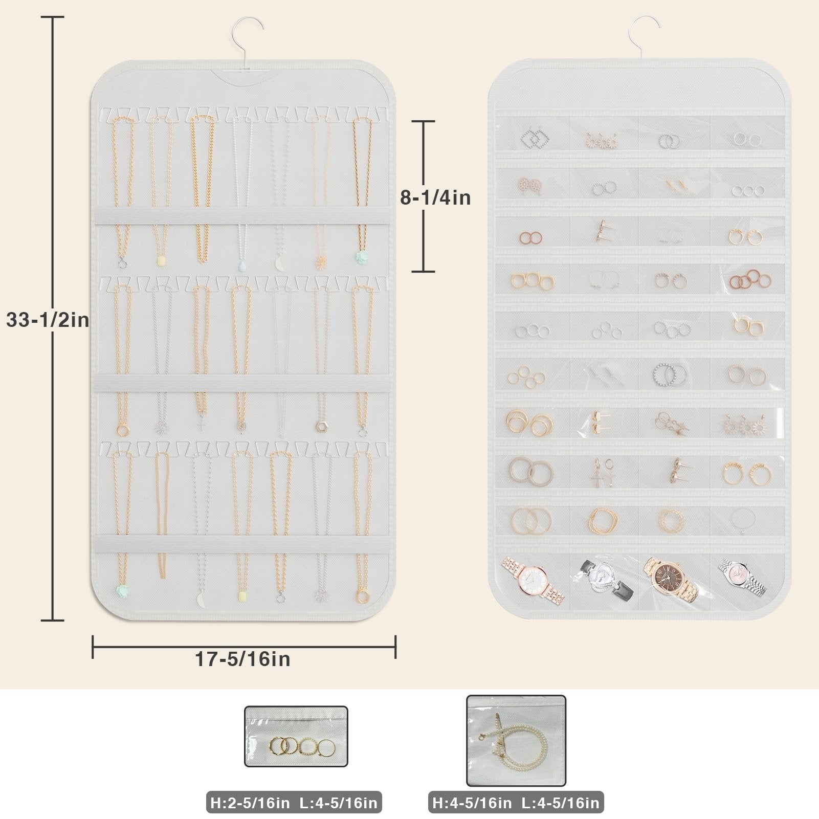 Double-sided hanging jewelry organizer with transparent pockets displaying necklaces, earrings, rings, and watches.
