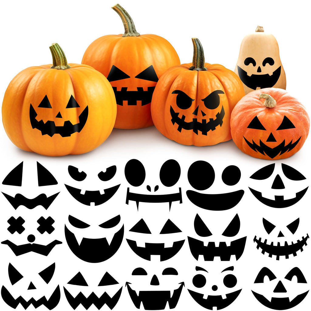 Assortment of pumpkins with carved faces and a collection of black pumpkin face sticker designs on a white background.