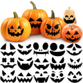 Assortment of pumpkins with carved faces and a collection of black pumpkin face sticker designs on a white background.