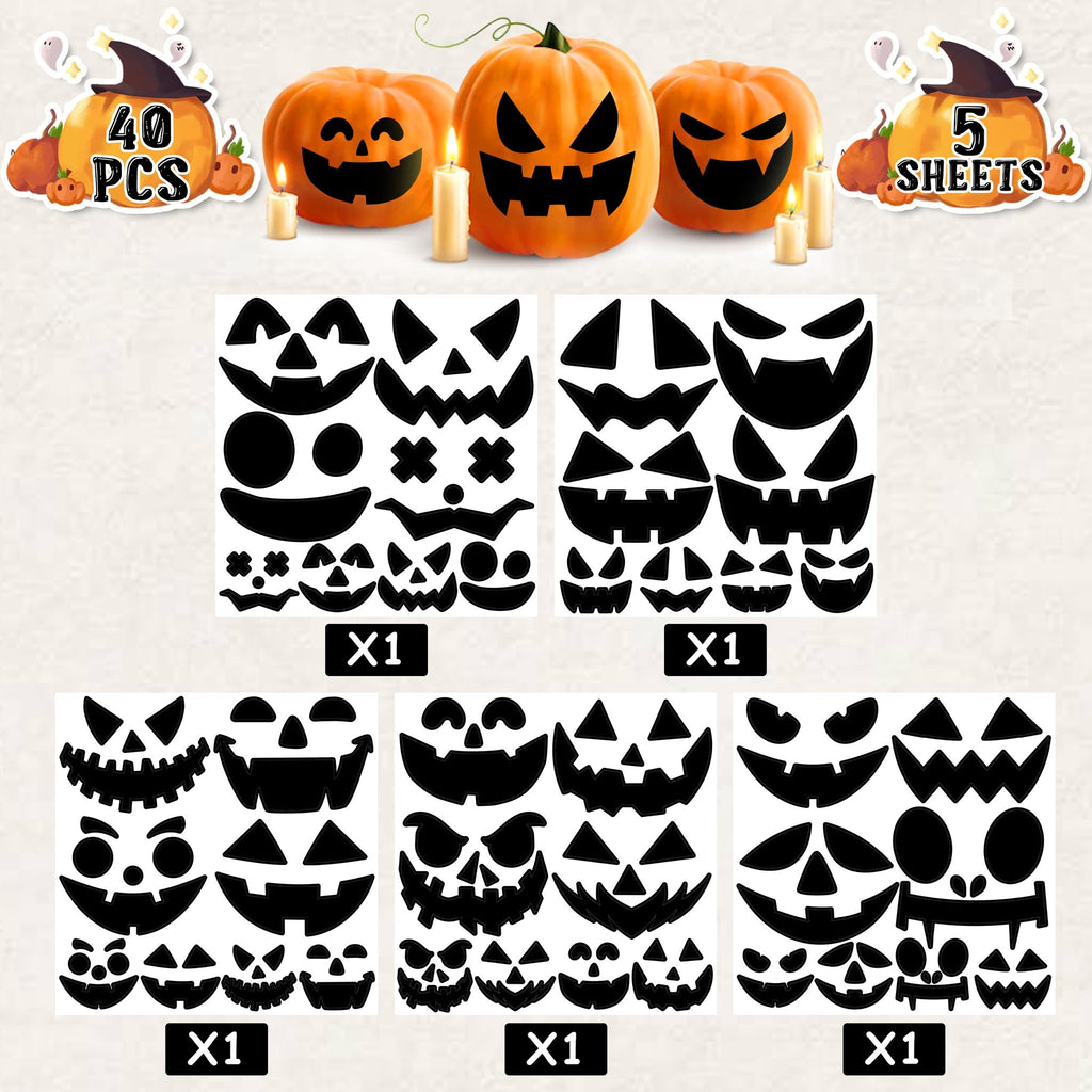 Pumpkin face decorating stickers in various spooky and silly designs, shown on sheets and with example pumpkins.