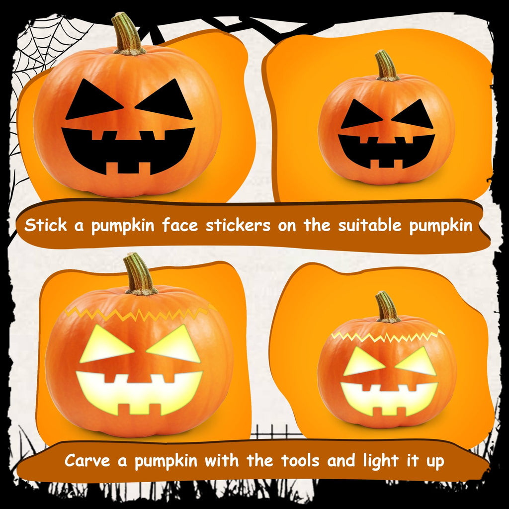 Four pumpkins decorated with different face stickers, two with traditional carved faces and two with glowing sticker faces.