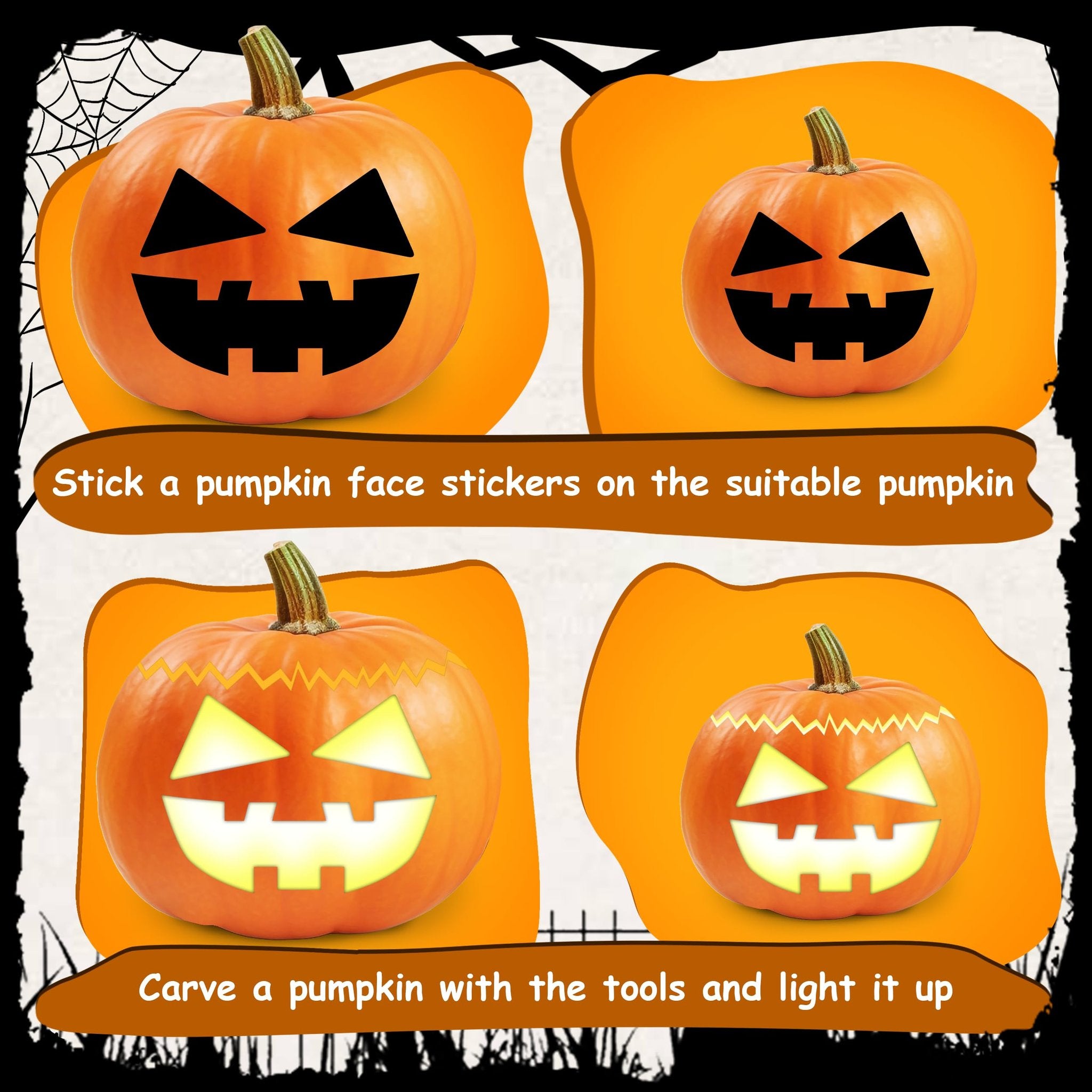 Four pumpkins decorated with different face stickers, two with traditional carved faces and two with glowing sticker faces.