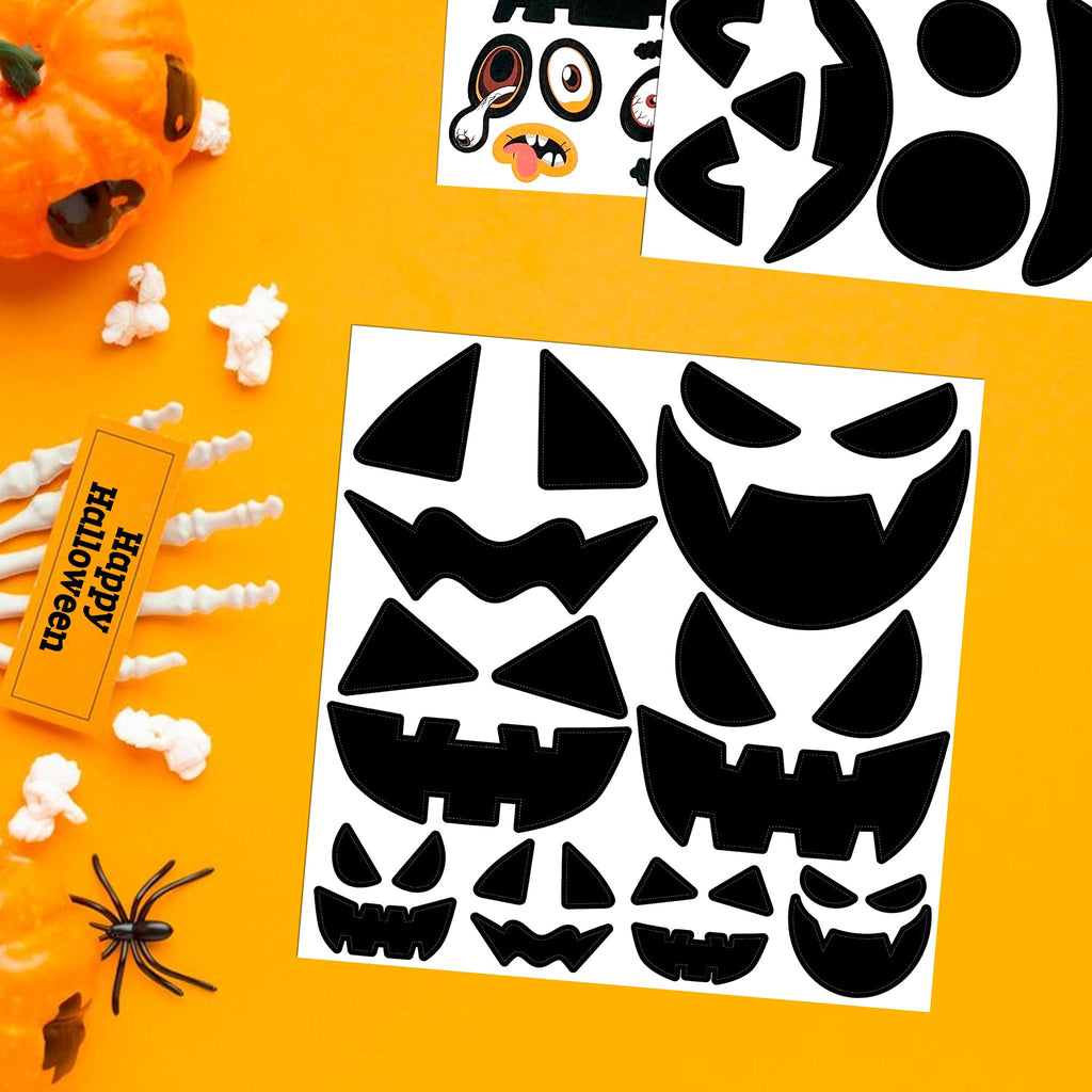 Halloween pumpkin face decorating stickers on white sheets, with a small pumpkin, skeleton hand, and spider on orange background.