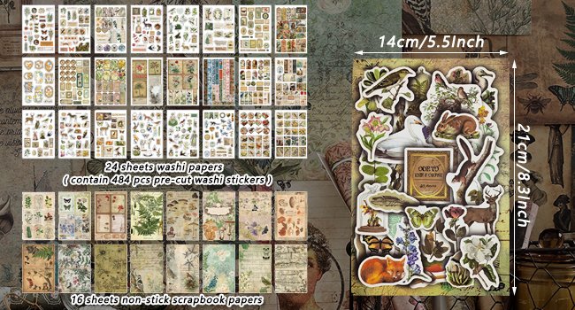 Vintage nature forest ephemera book with pre-cut washi stickers and scrapbook papers, showing dimensions.