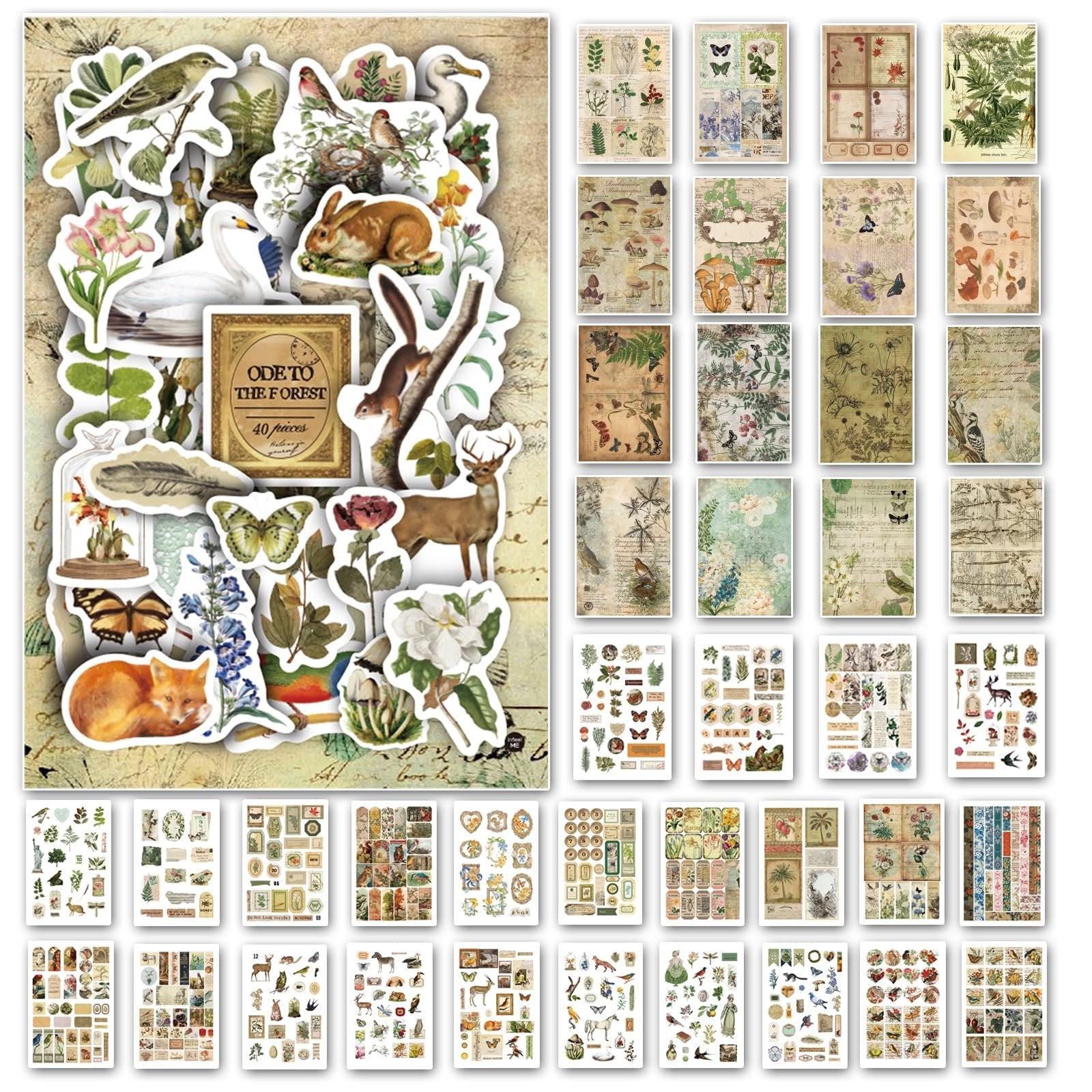 Collage of vintage nature forest ephemera stickers and scrapbook papers with various animals, plants, and botanical illustrations.