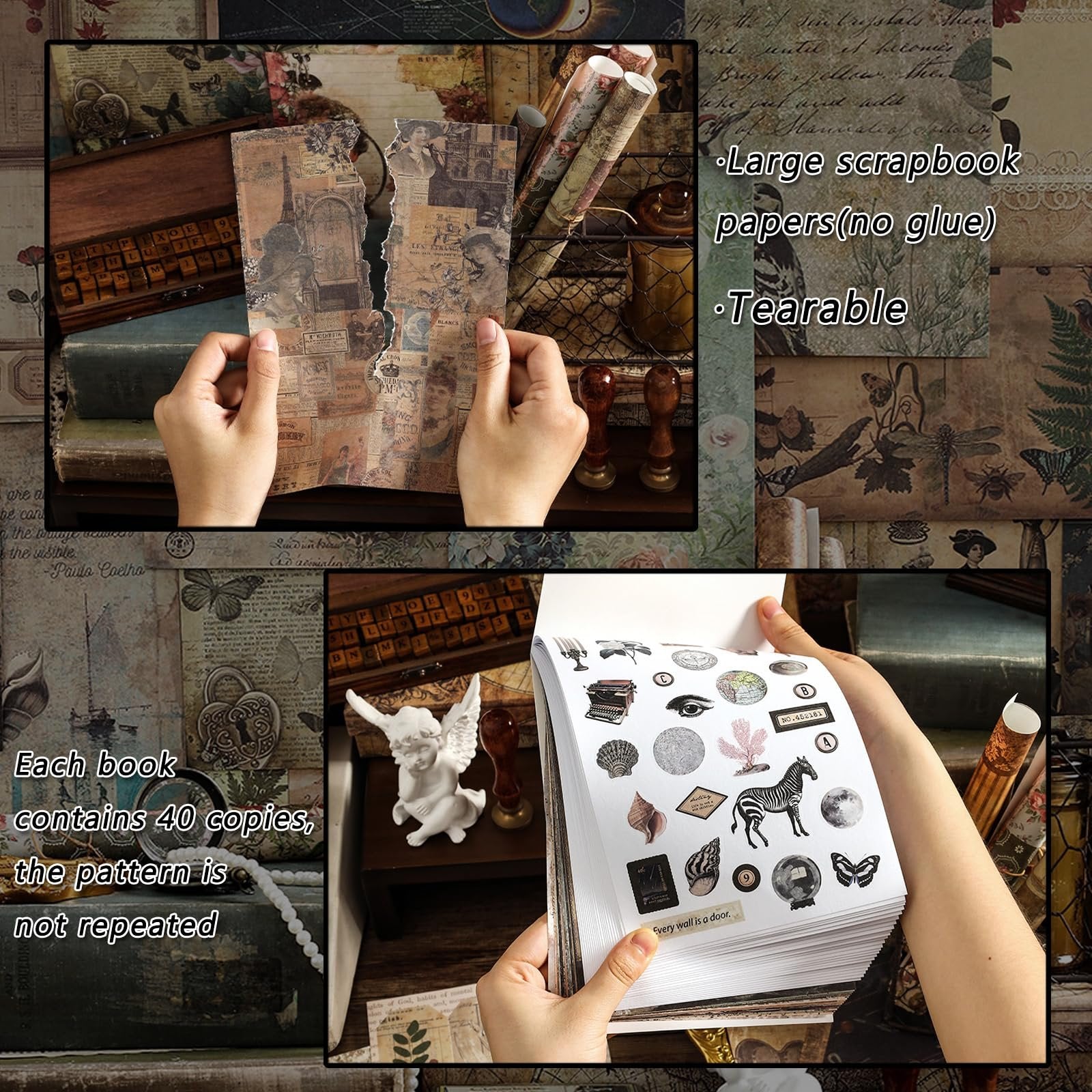 Hands holding vintage nature forest ephemera papers and a book of pre-cut washi stickers.