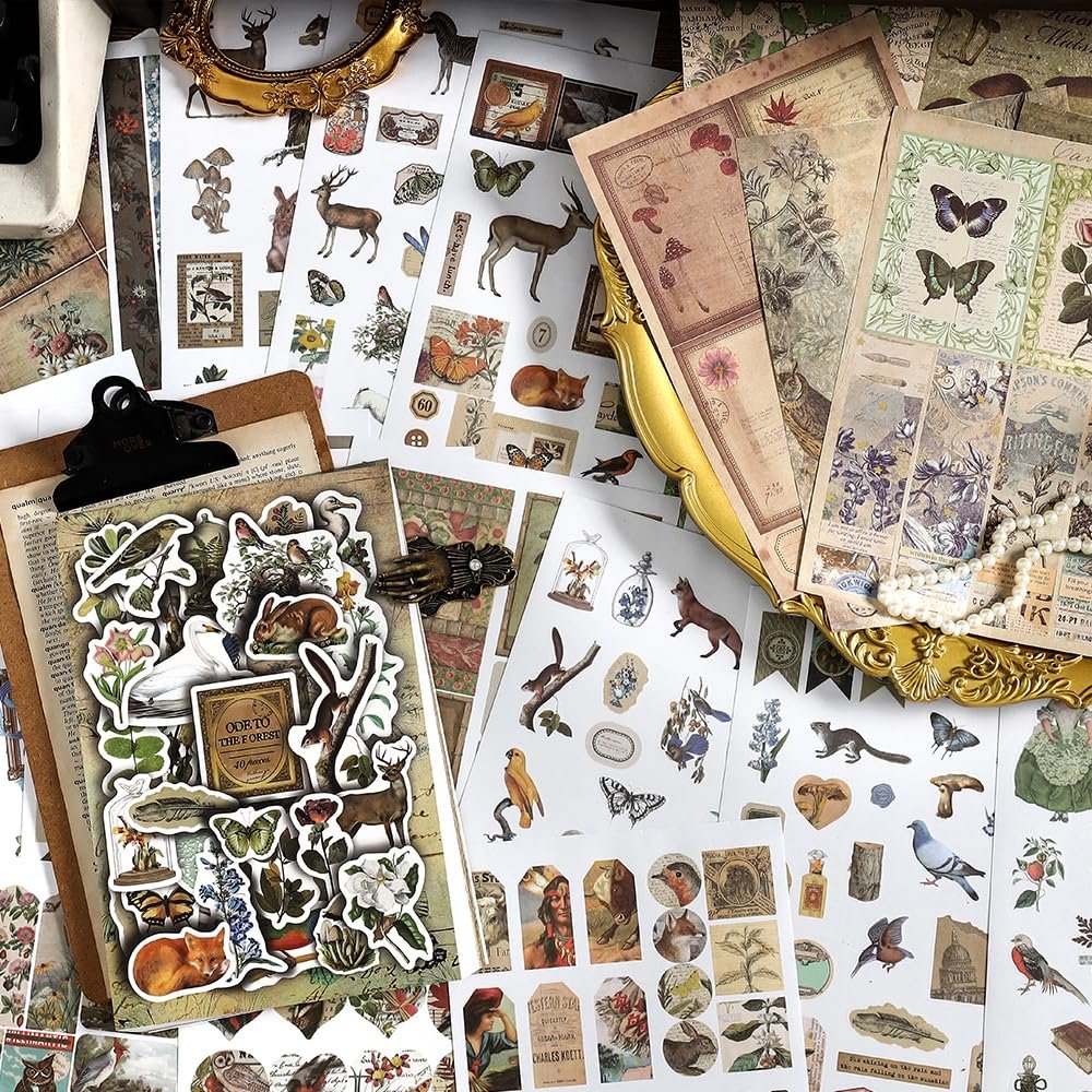 Collection of vintage nature-themed stickers and scrapbook papers featuring animals, plants, and butterflies.