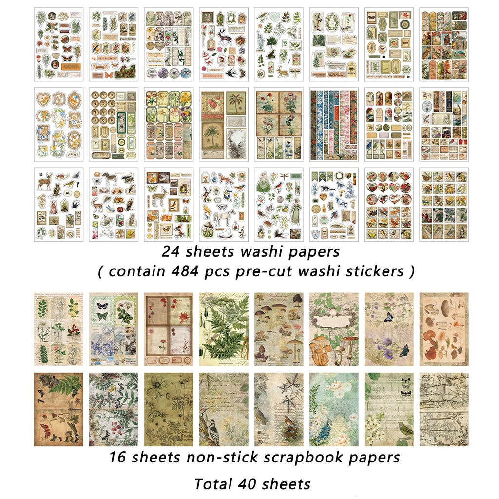 Collage of vintage nature forest ephemera sheets and pre-cut washi stickers, with text detailing contents.
