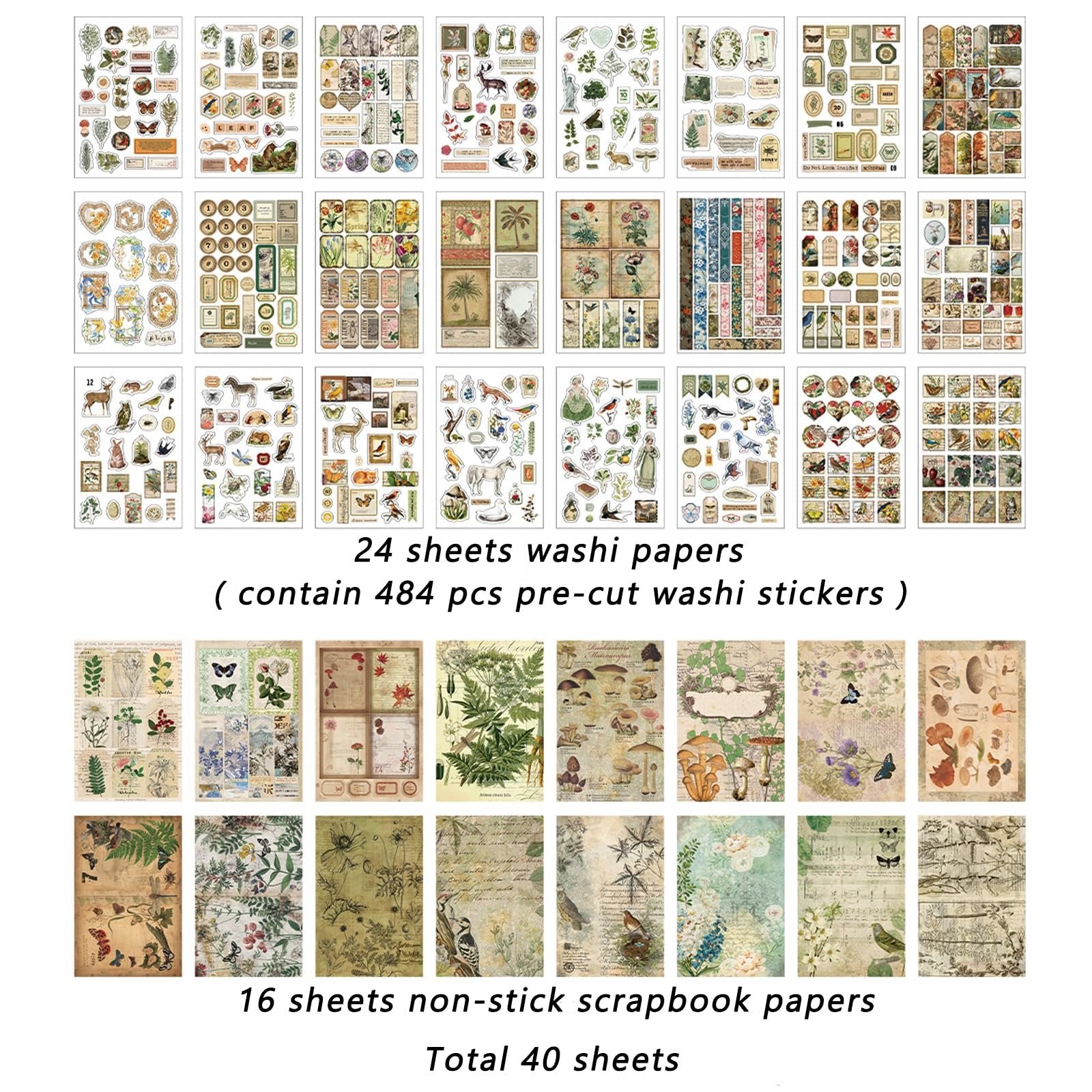 Collage of vintage nature forest ephemera sheets and pre-cut washi stickers, with text detailing contents.