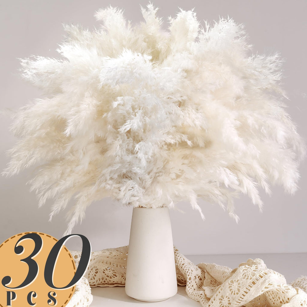 Fluffy white pampas grass arrangement in a white vase with lace detail, featuring a '30 PCS' graphic overlay.