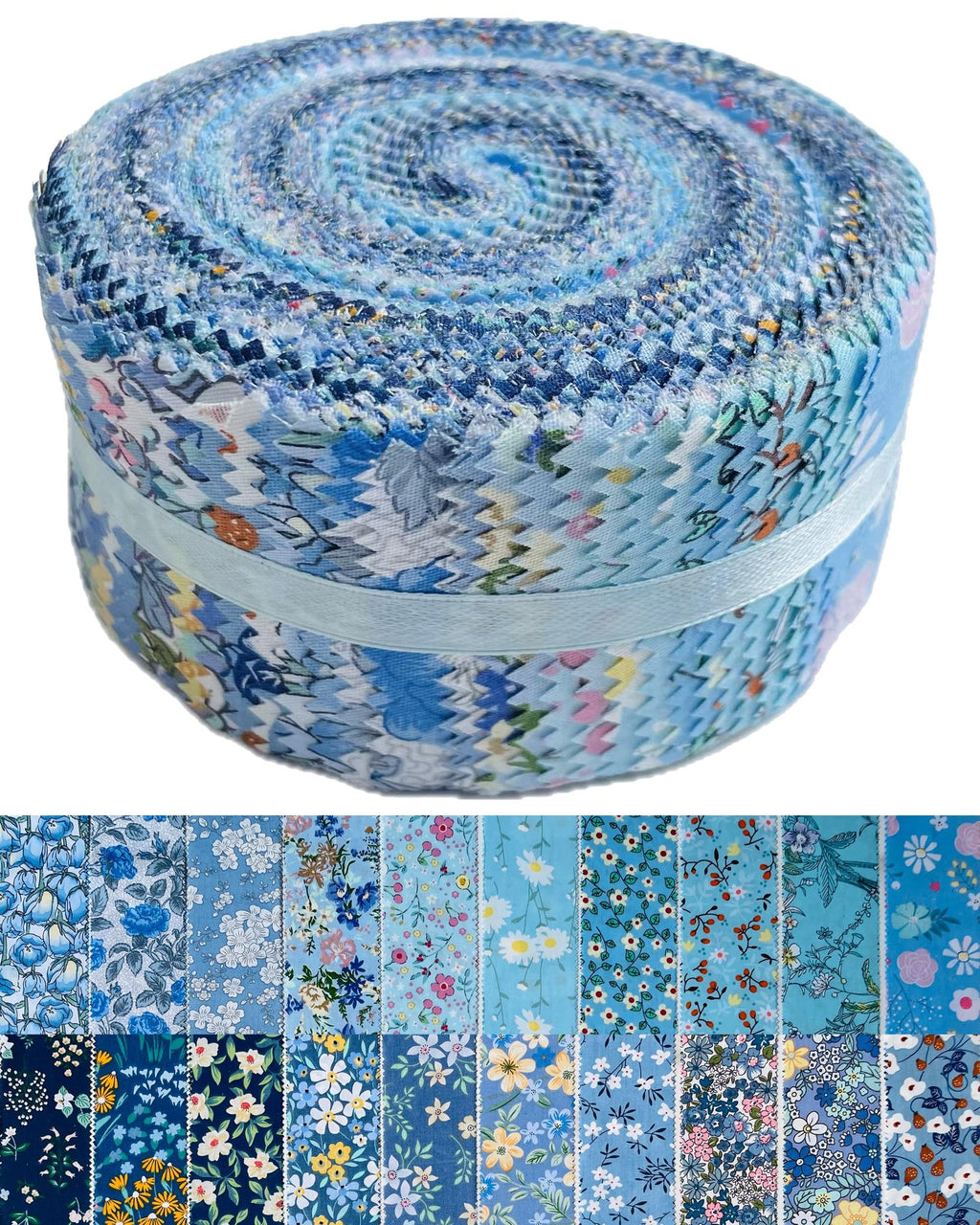 Rolled jelly roll of blue floral print quilting fabric strips with a display of individual fabric patterns below