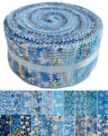 Rolled jelly roll of blue floral print quilting fabric strips with a display of individual fabric patterns below