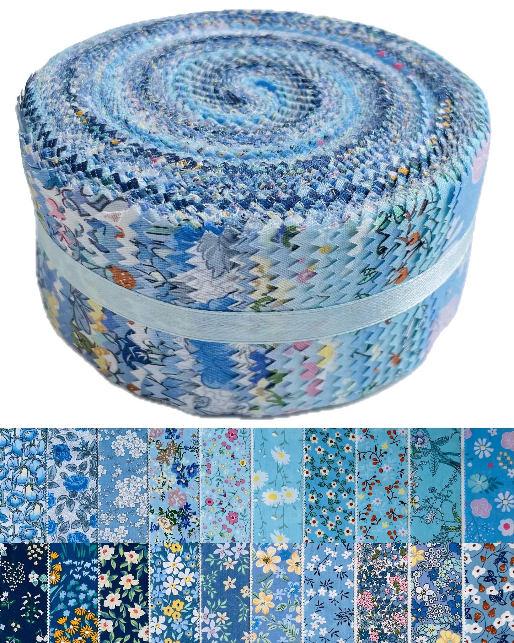 Rolled jelly roll of blue floral print quilting fabric strips with a display of individual fabric patterns below