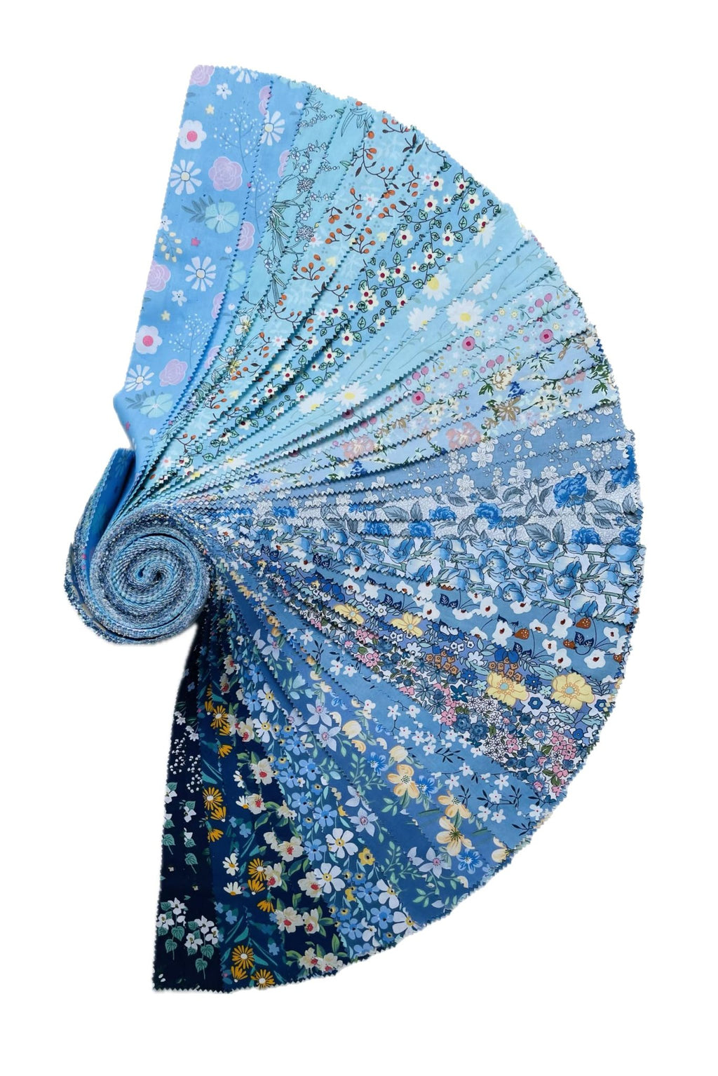 Rolled jelly roll of 40 cotton fabric strips with various blue floral prints, fanned out on a white background.