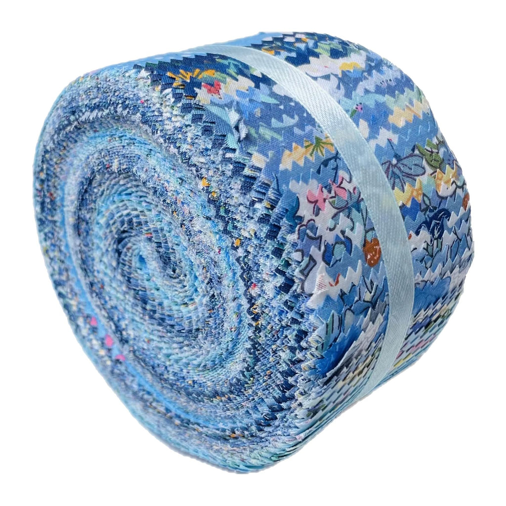 Rolled quilting fabric jelly roll with blue floral prints, tied with a light blue ribbon.