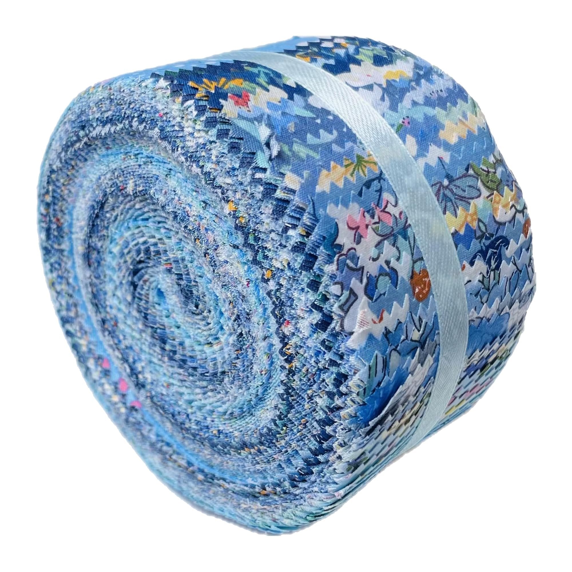 Rolled quilting fabric jelly roll with blue floral prints, tied with a light blue ribbon.