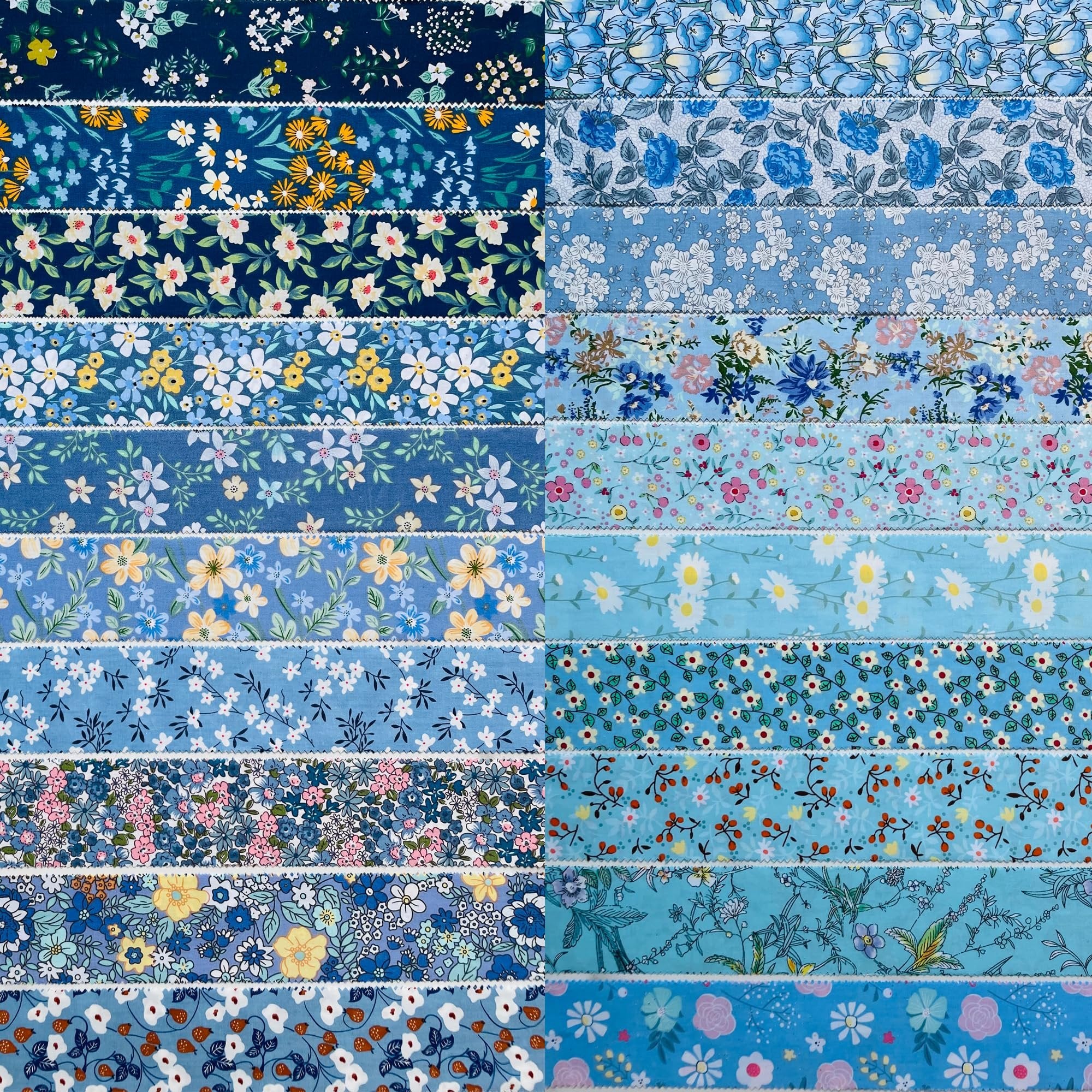 Collection of 40 cotton fabric strips with floral and botanical prints in various shades of blue and some yellow and white accents, arranged in a grid.