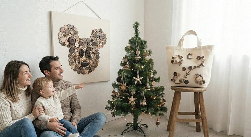 Family decorating a Christmas tree with buttons, a canvas with Mickey Mouse made of buttons, and a tote bag decorated with buttons.