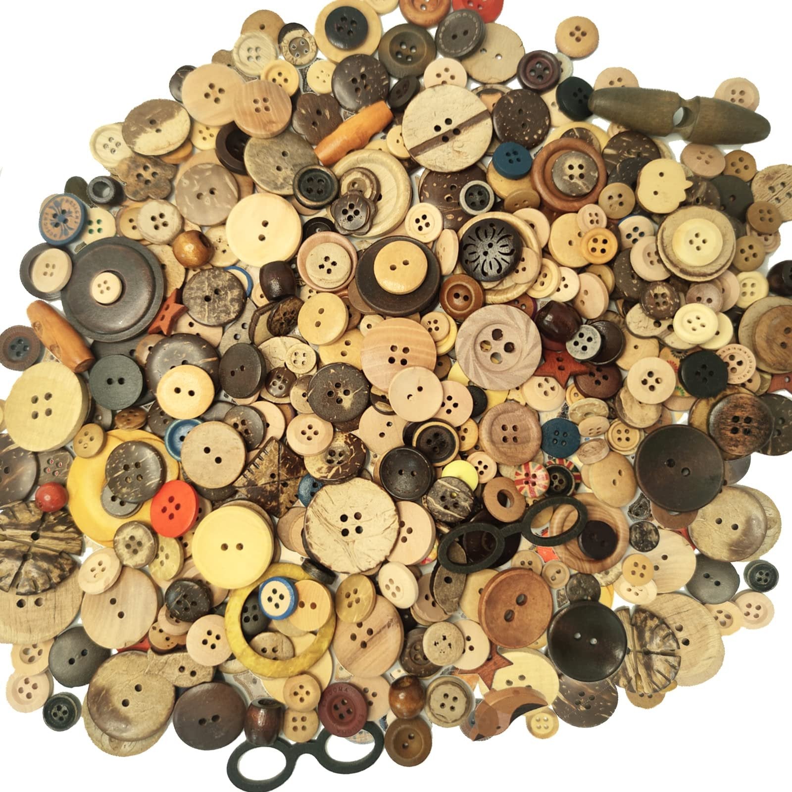 Assortment of mixed vintage wood buttons, including coconut wood, in various sizes and shades of brown and black, scattered on a white background.