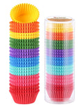 Stack of colorful mini paper cupcake liners and a clear plastic tube filled with liners, showing 8 vibrant colors.