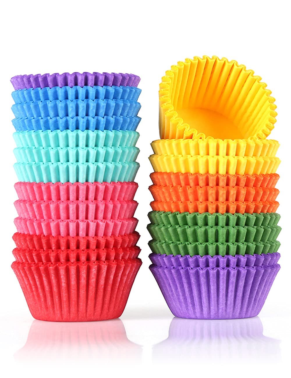 Two stacks of mini paper cupcake liners in vibrant colors: purple, blue, teal, pink, red, yellow, orange, and green.