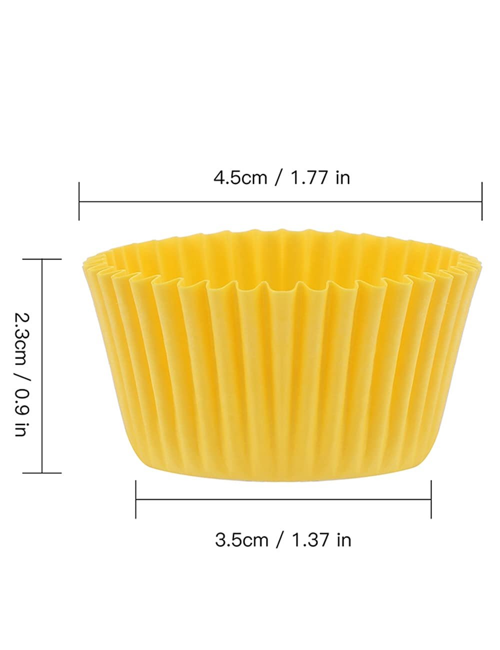 Yellow paper cupcake liner shown with dimensions for diameter, height, and top opening.
