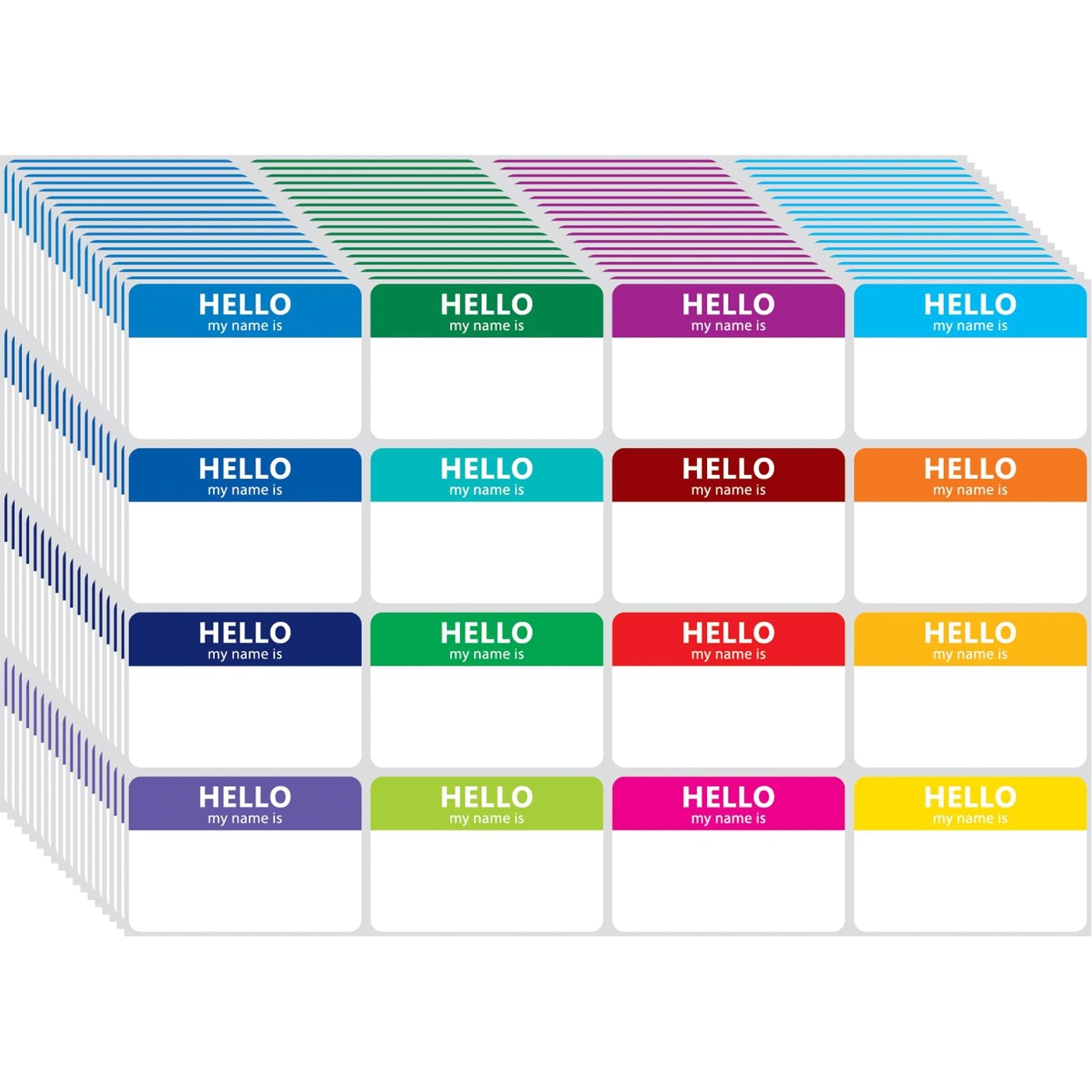 Stack of colorful name tag stickers with 'HELLO my name is' printed on them.