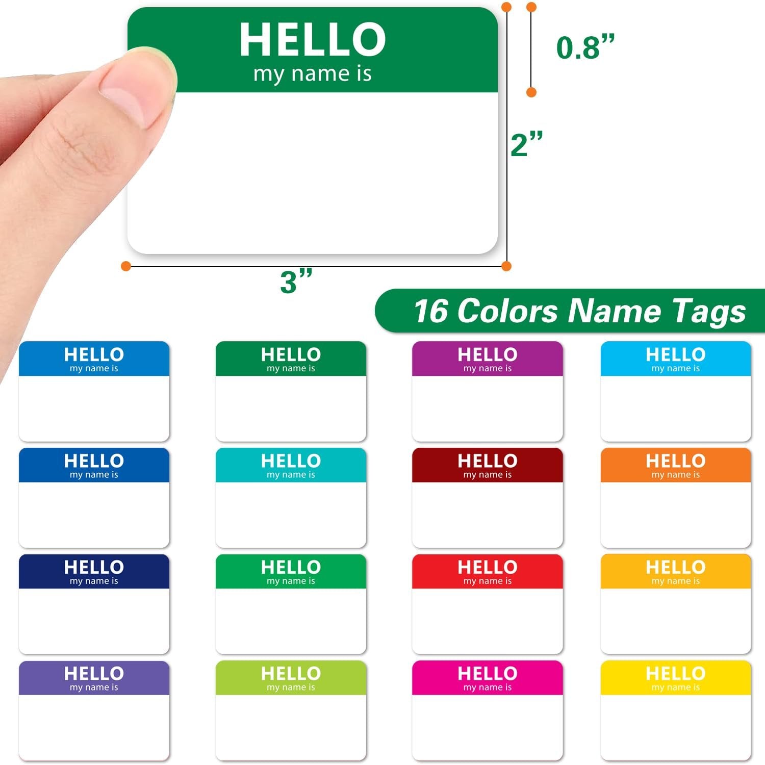 Hand peeling a name tag sticker with 'HELLO my name is' text, surrounded by multiple colored name tags and size dimensions.