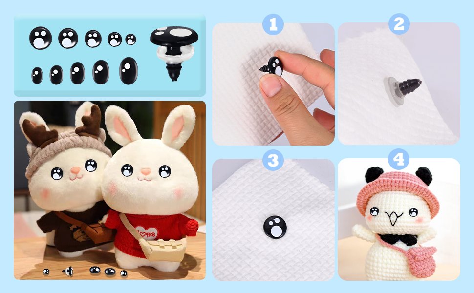 Assortment of black safety eyes for crafts, including round and oval shapes, with a mushroom-shaped washer, shown with plush toys and step-by-step application.