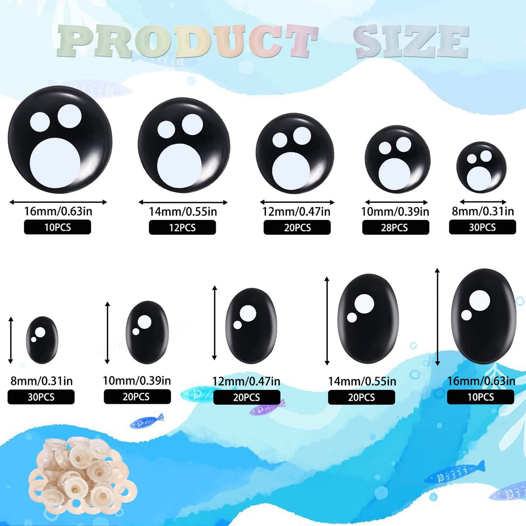 Assortment of black safety eyes in round and oval shapes with sizes and quantities indicated.
