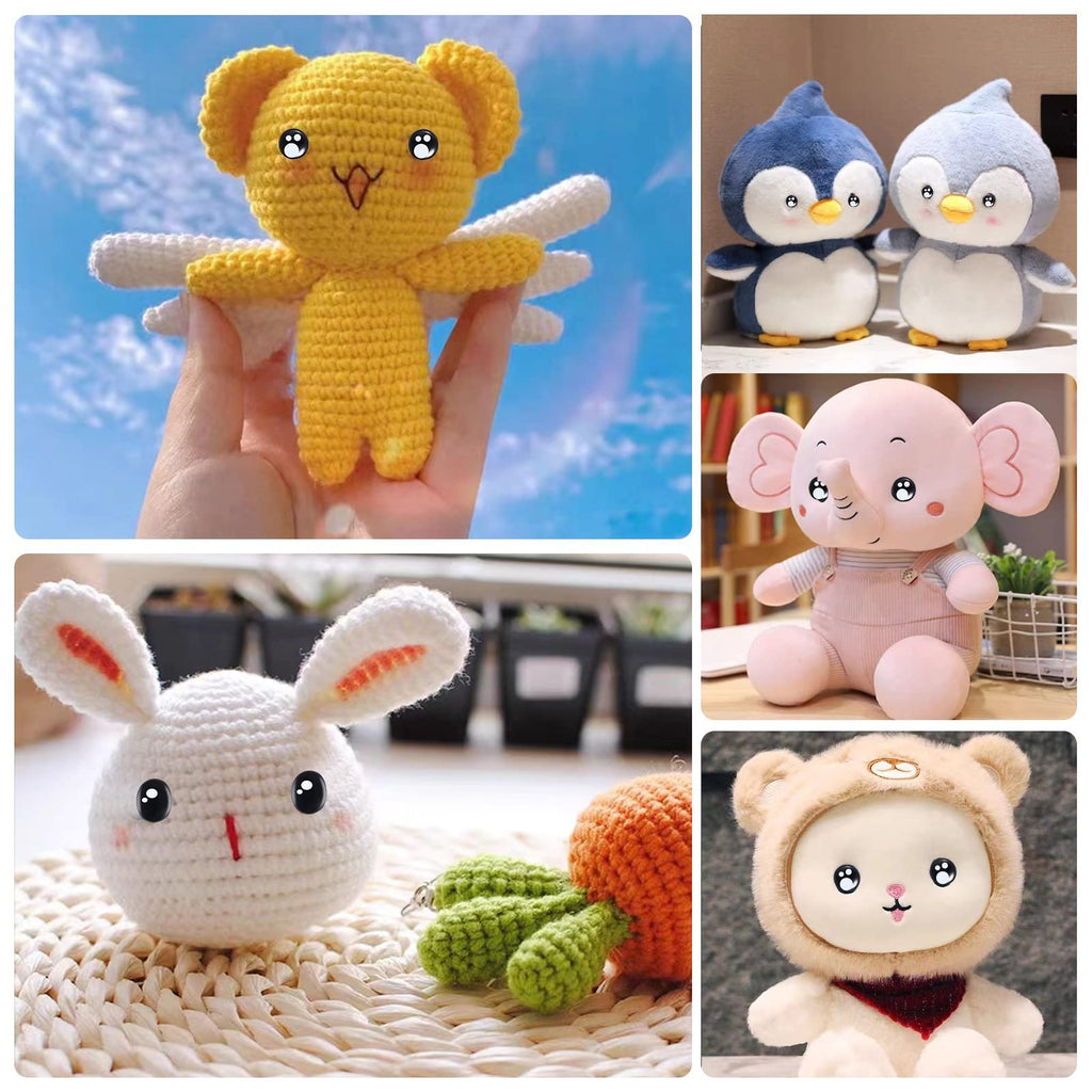 Collage of crocheted and plush toys including a yellow winged bear, two penguins, a pink elephant, a white bunny with carrots, and a teddy bear in a hood.