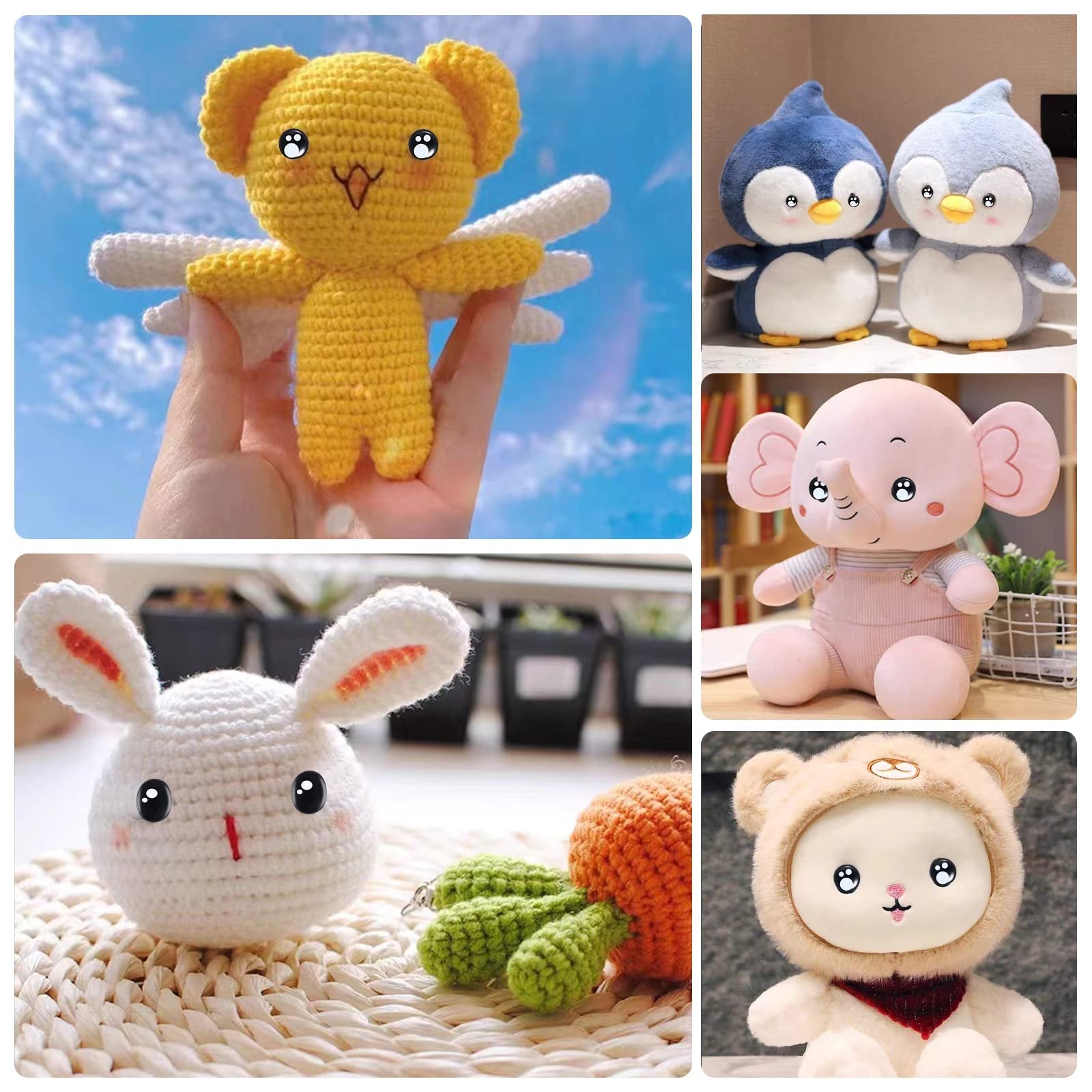 Collage of crocheted and plush toys including a yellow winged bear, two penguins, a pink elephant, a white bunny with carrots, and a teddy bear in a hood.