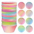 Stack of gradient colored cupcake liners and eight individual liners displayed on a white background.