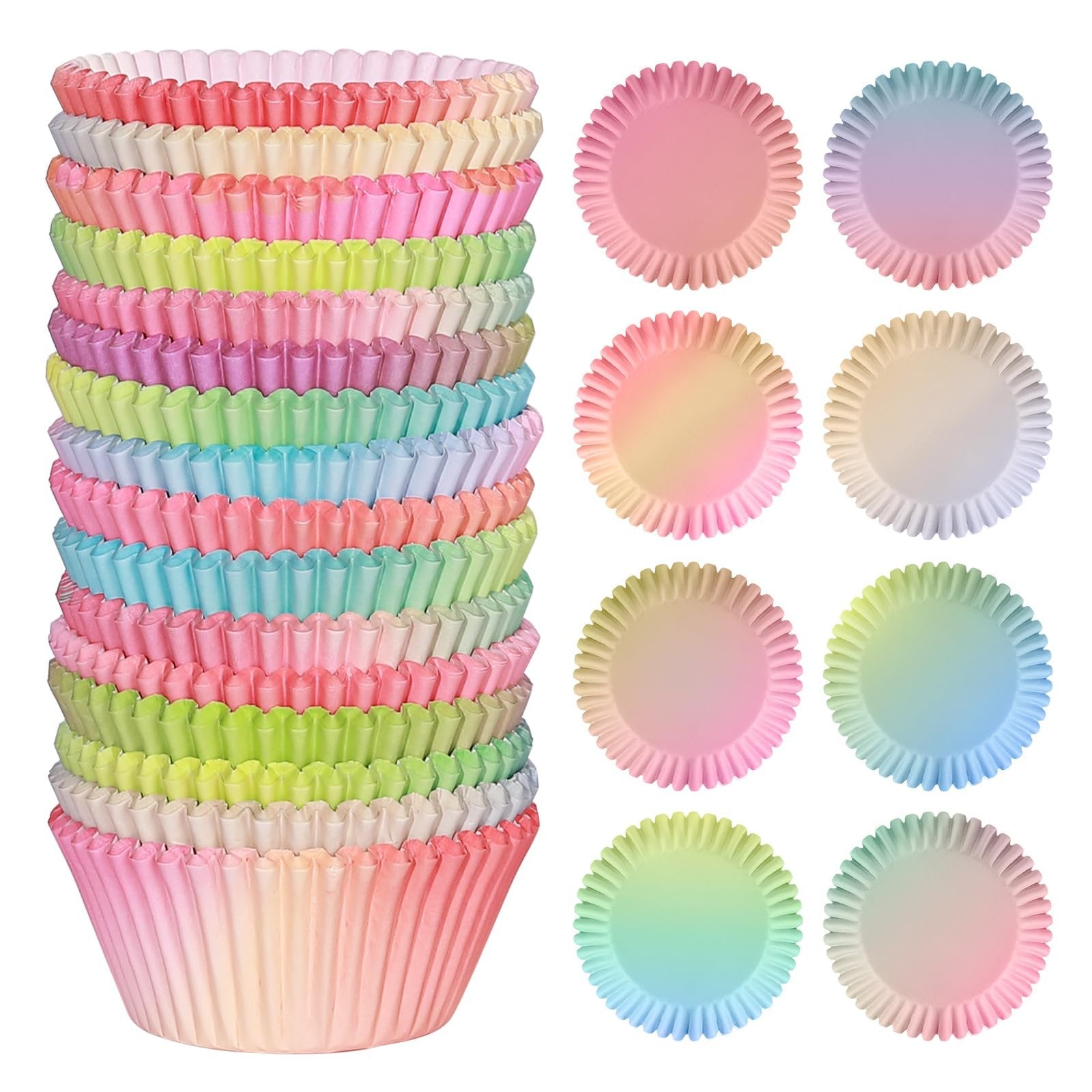 Stack of gradient colored cupcake liners and eight individual liners displayed on a white background.