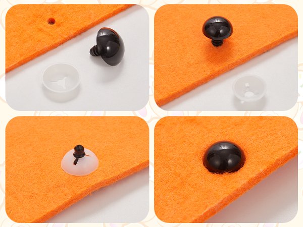 Four-panel image showing how to attach a black plastic safety eye to orange felt with a washer.