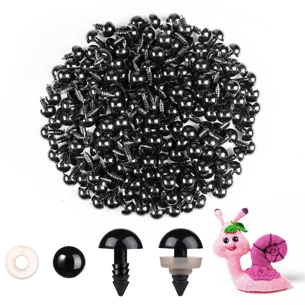 Pile of black plastic safety eyes with washers and a crochet snail, shown from multiple angles.