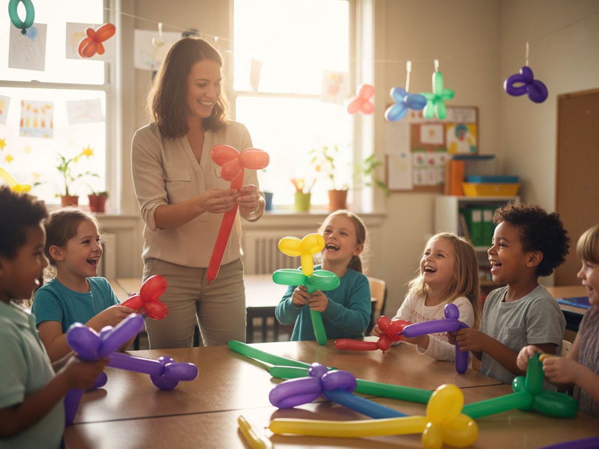 Teacher and children laughing while making balloon animals in a classroom setting