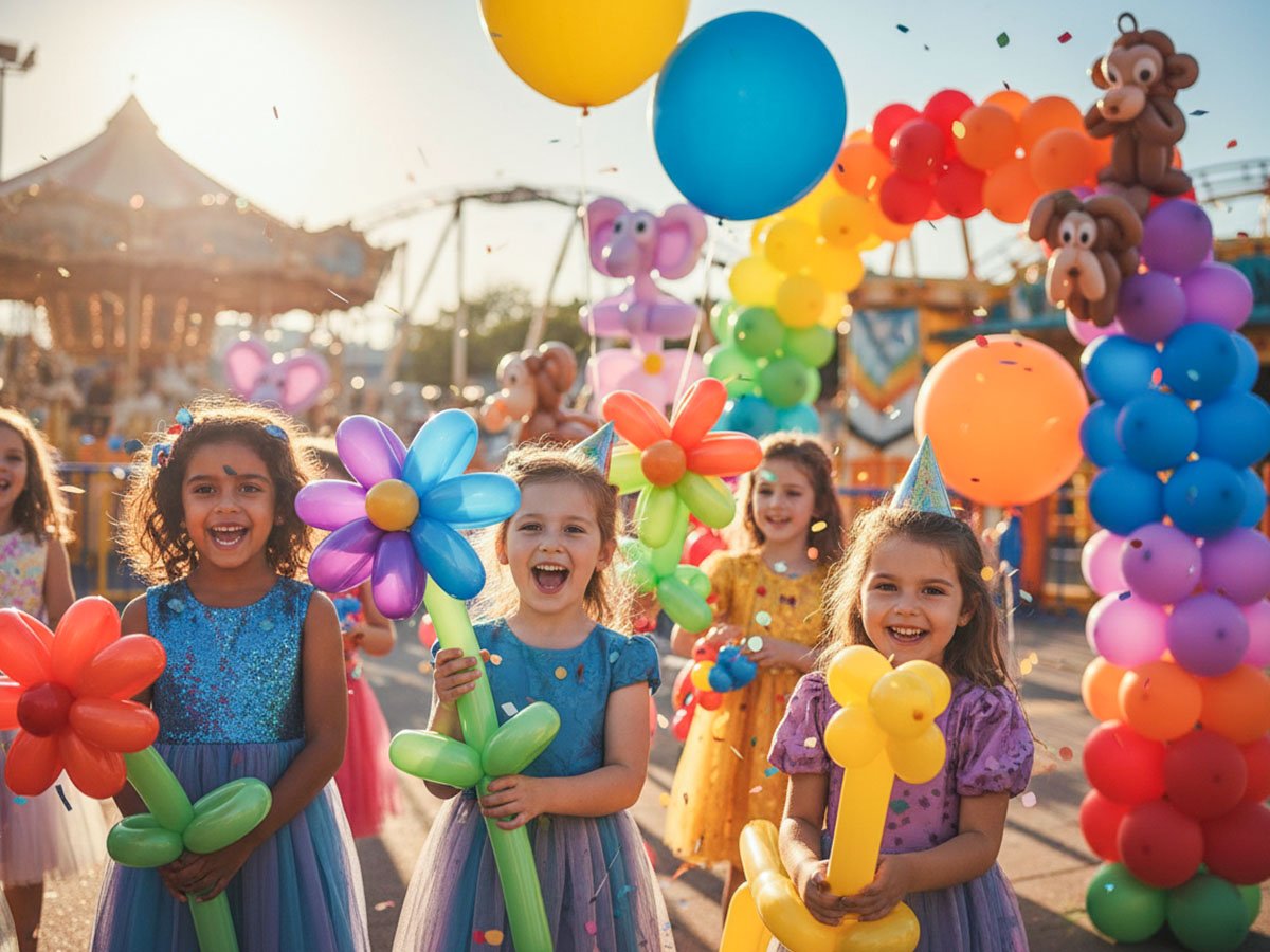 Four smiling girls holding balloon animals and flowers at a carnival with a carousel and balloon arch
