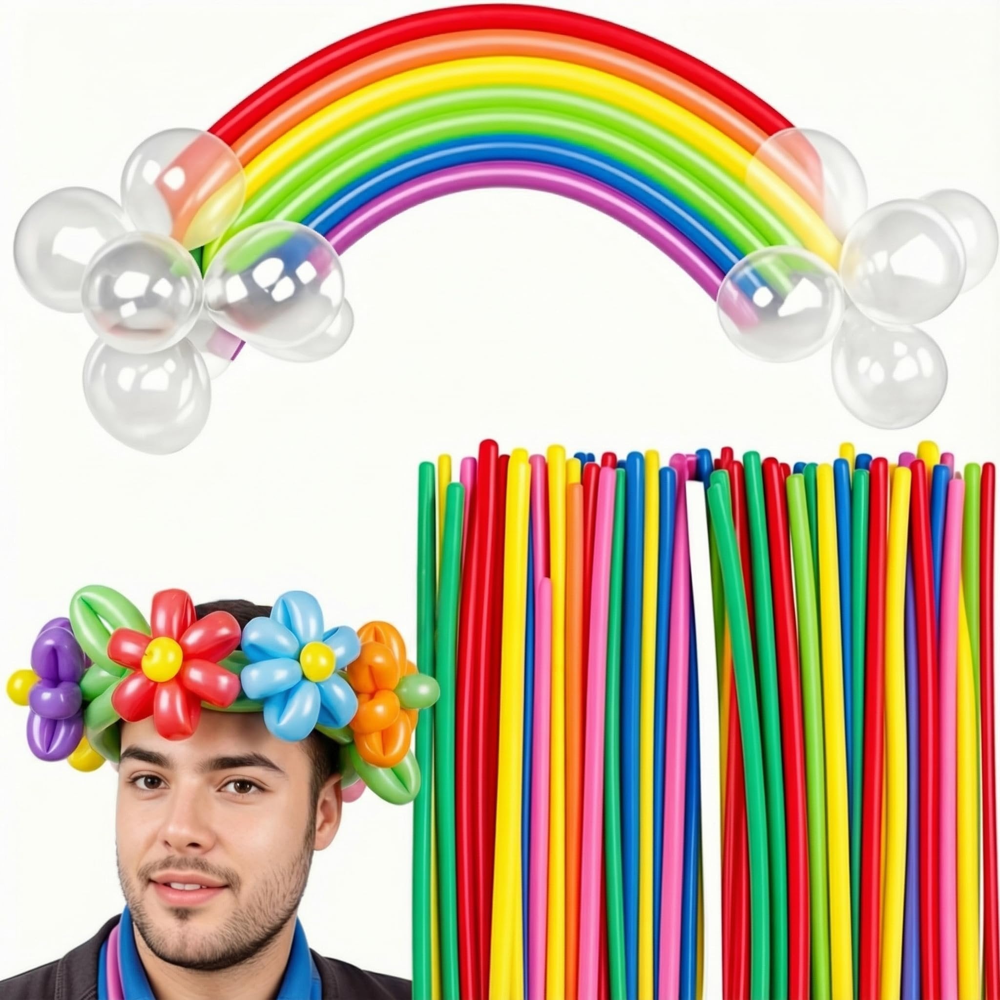 Man wearing a balloon flower crown with a rainbow balloon arch and a bundle of colorful twisting balloons